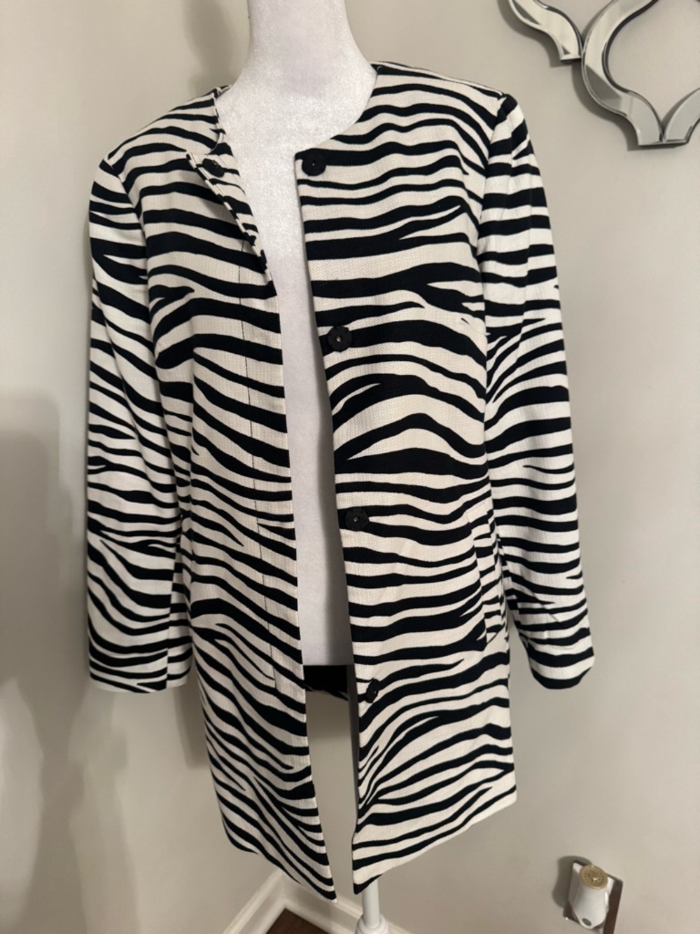 Talbots Black and White Zebra Print Petite Jacket with Yellow Trim